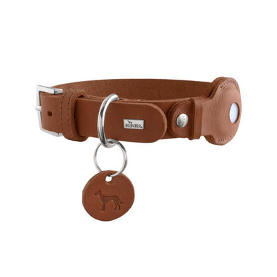 Hunter Leather Dog Collar with Apple Airtag Holder, Cognac