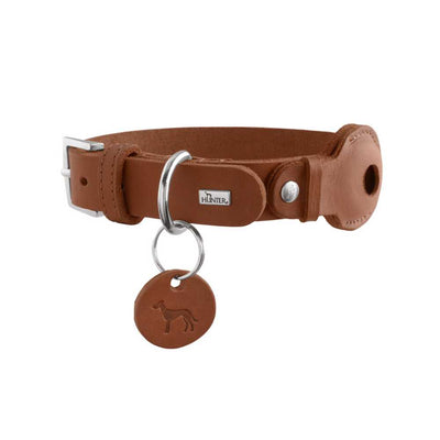 Hunter Leather Dog Collar with Apple Airtag Holder, Cognac