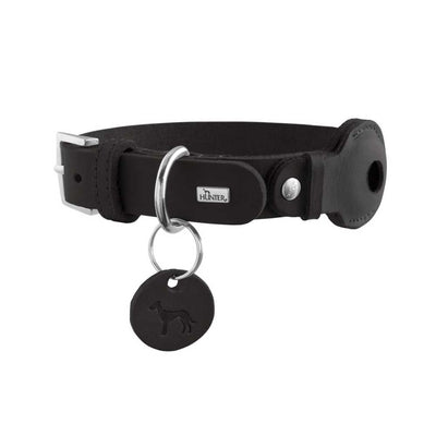 Hunter Leather Dog Collar with Apple Airtag Holder, Black